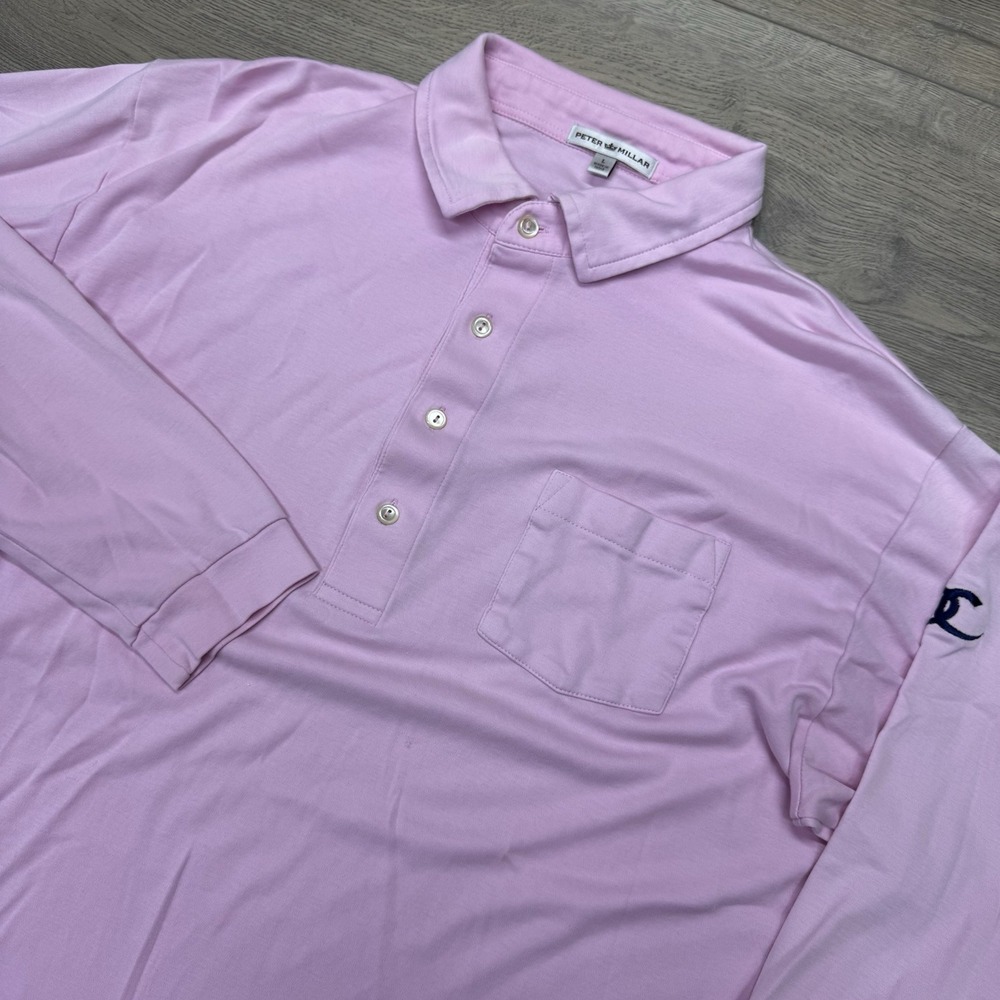 Peter‎ Millar Light Pink L/S Polo Shirt Men's Sz L CC Logo Golf Prep